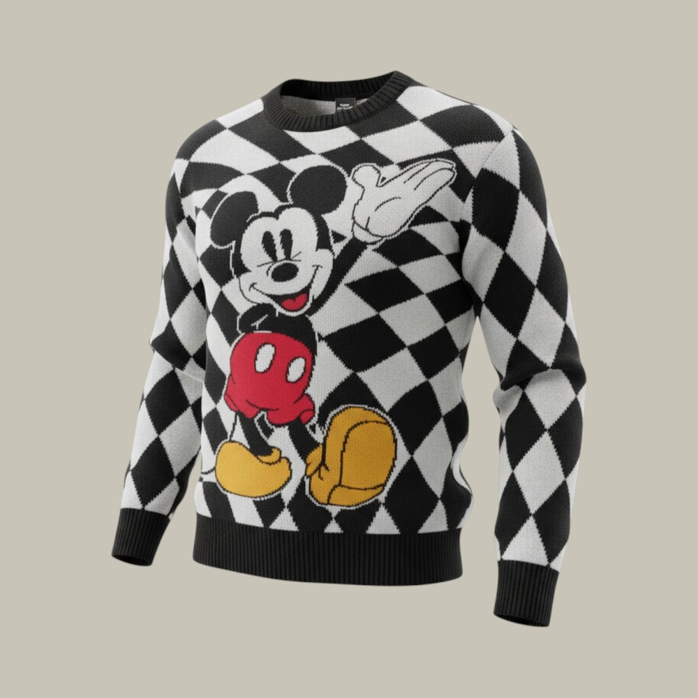 Disney Mickey Mouse Checkered Harlequin Knit Sweater Black White Small
